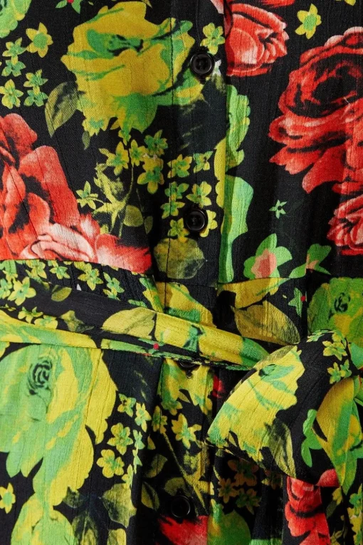 Floral Print Viscose Belted Midi Shirt Dress