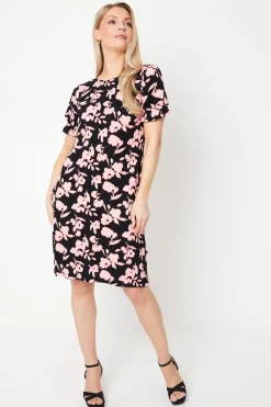 Floral Printed Jersey Short Sleeve Shift Dress
