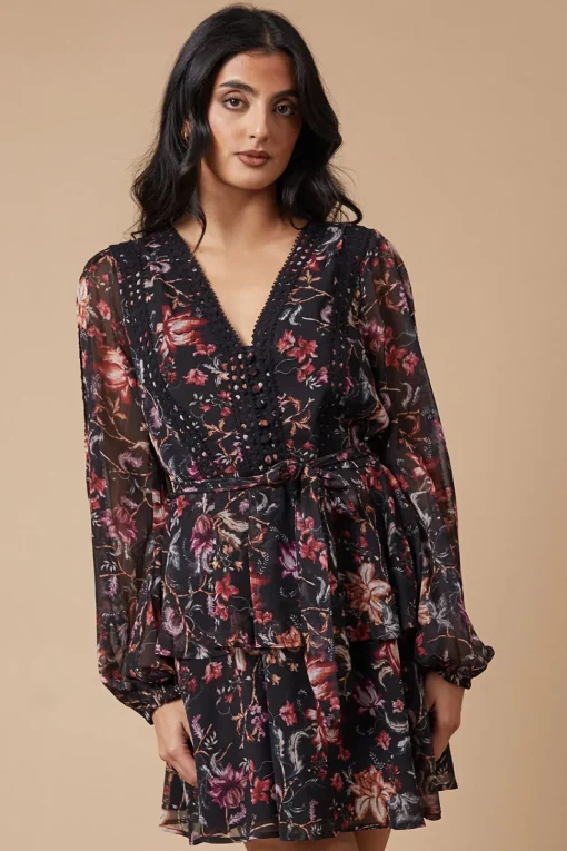 Floral Printed Lace Trim Tiered Belted Mini Dress