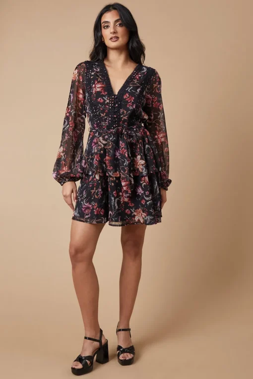 Floral Printed Lace Trim Tiered Belted Mini Dress