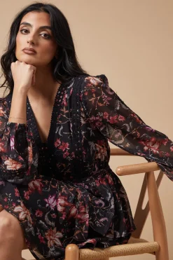Floral Printed Lace Trim Tiered Belted Mini Dress