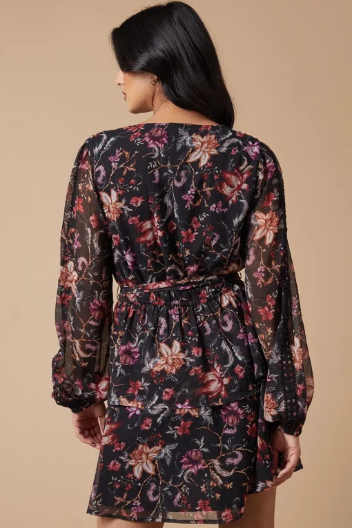 Floral Printed Lace Trim Tiered Belted Mini Dress