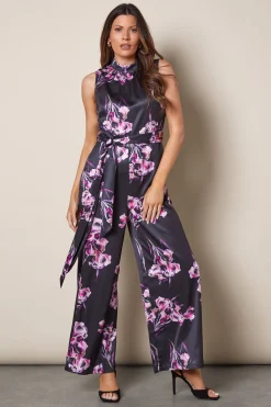 Floral Printed Satin Belted Jumpsuit