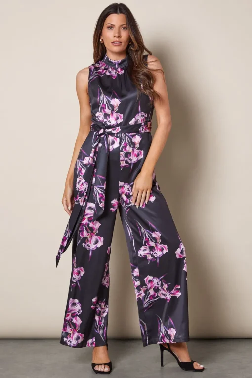 Floral Printed Satin Belted Jumpsuit