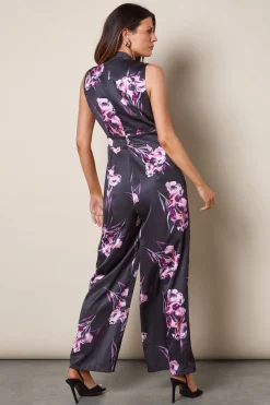 Floral Printed Satin Belted Jumpsuit