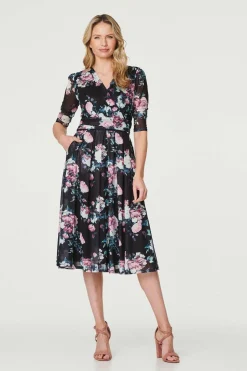 Floral Ruched Midi Tea Dress