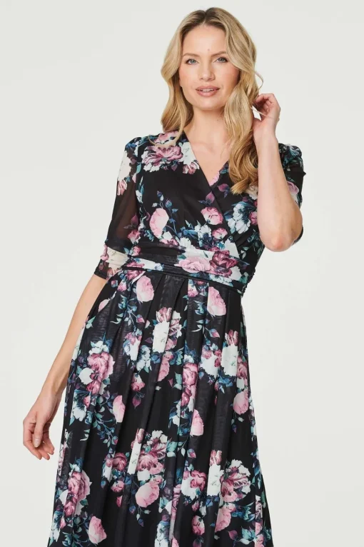 Floral Ruched Midi Tea Dress