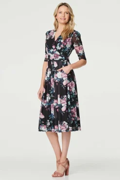 Floral Ruched Midi Tea Dress