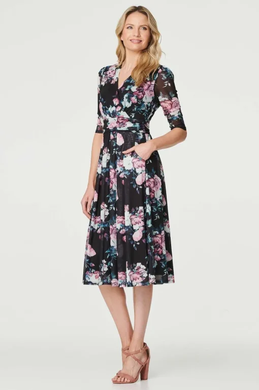 Floral Ruched Midi Tea Dress