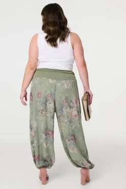 Floral Ruched Waist Harem Trousers