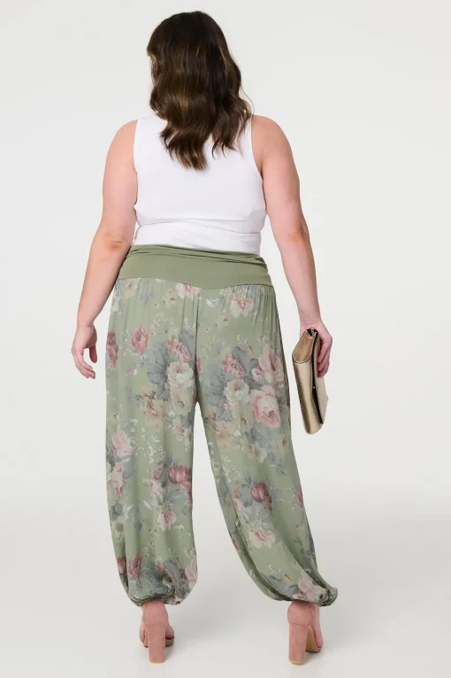 Floral Ruched Waist Harem Trousers