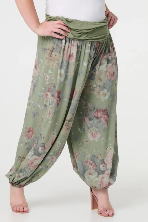 Floral Ruched Waist Harem Trousers