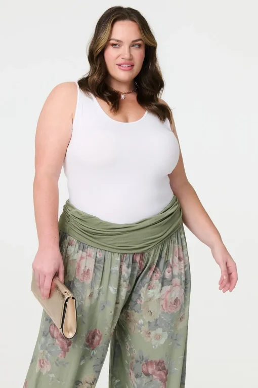 Floral Ruched Waist Harem Trousers