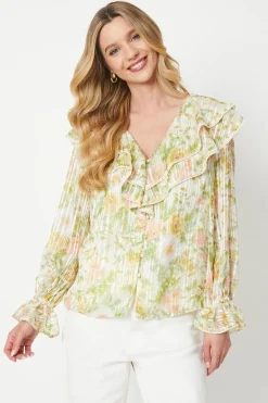Floral Ruffle Neckline Burnout Chiffon Blouse