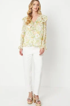 Floral Ruffle Neckline Burnout Chiffon Blouse