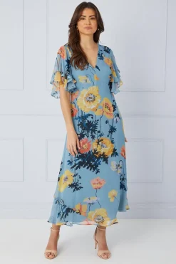 Floral Ruffle Sleeve Bias Midaxi Dress