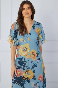 Floral Ruffle Sleeve Bias Midaxi Dress