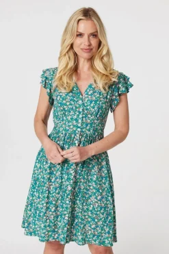 Floral Ruffle Sleeve Skater Dress