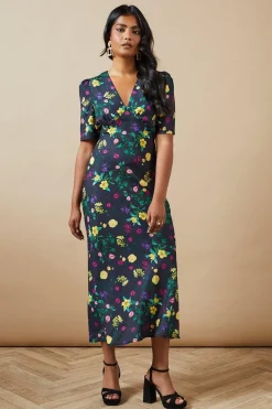 Floral Satin Tie Velvet Tie Shoulder Midaxi Dress