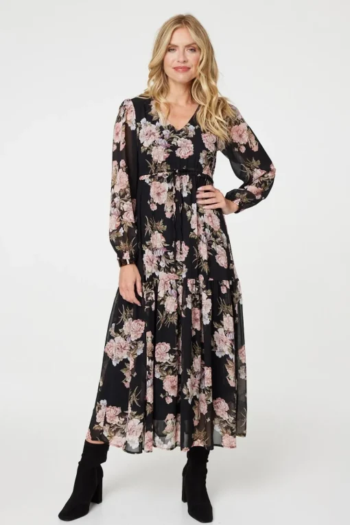 Floral Semi Sheer Empire Waist Midi Dress