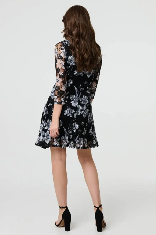 Floral Semi Sheer Lace Layer Short Dress