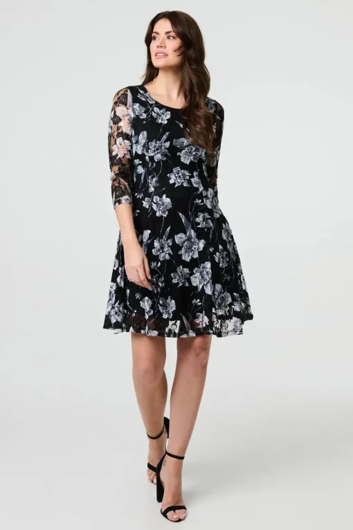 Floral Semi Sheer Lace Layer Short Dress