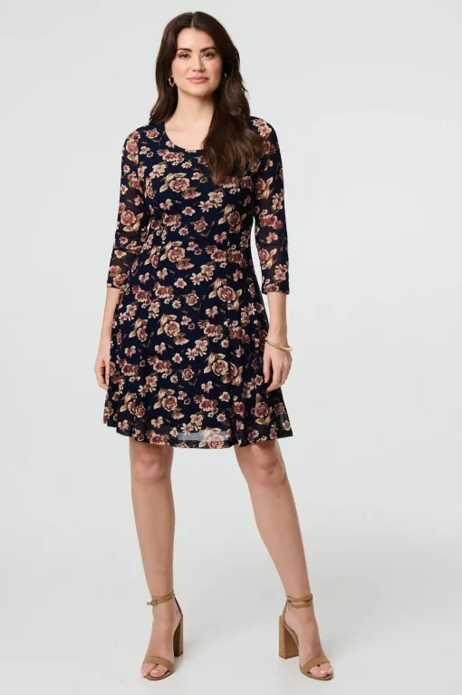 Floral Sparkle Mesh Knee Length Dress