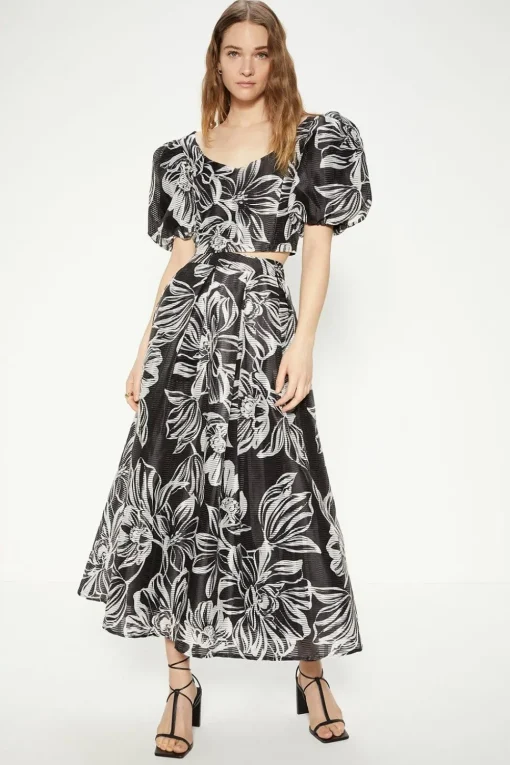 Floral Striped Organza Puff Sleeve Crop Top