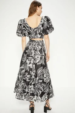 Floral Striped Organza Puff Sleeve Crop Top