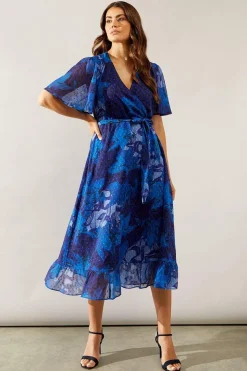 Floral Texture Wrap Flutter Sleeve Midi Dress