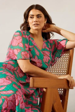 Floral Texture Wrap Flutter Sleeve Midi Dress