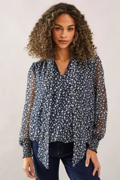 Floral Tie Neck Shirred Blouse