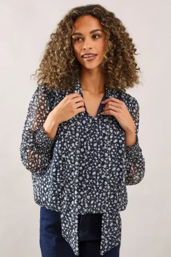 Floral Tie Neck Shirred Blouse