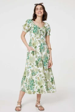 Floral Tie-Front Short Sleeve Midi Dress