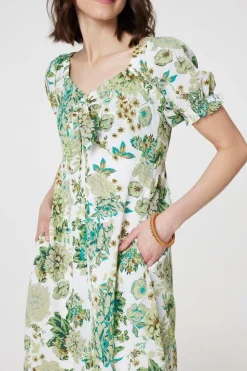 Floral Tie-Front Short Sleeve Midi Dress