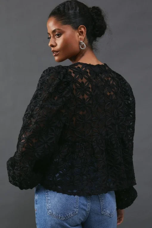 Flower Organza Sheer Tie Front Blouse