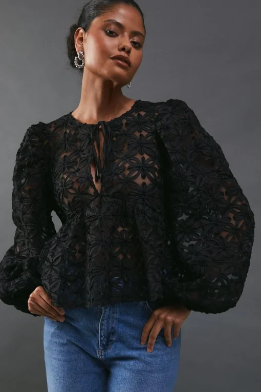 Flower Organza Sheer Tie Front Blouse