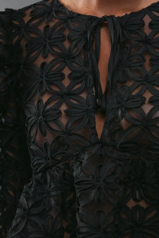 Flower Organza Sheer Tie Front Blouse