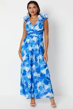 Flower Shoulder Printed Wide Leg Jumpsuit
