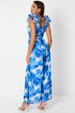 Flower Shoulder Printed Wide Leg Jumpsuit