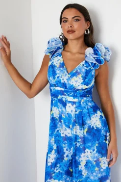 Flower Shoulder Printed Wide Leg Jumpsuit