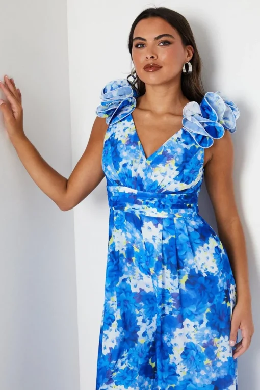 Flower Shoulder Printed Wide Leg Jumpsuit