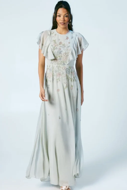 Flutter Sleeve Embellished Ditsy Floral Bridesmaids Dress