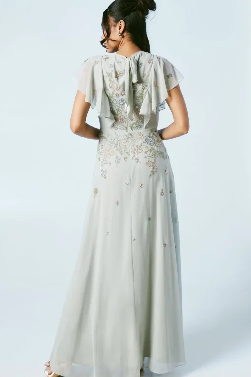 Flutter Sleeve Embellished Ditsy Floral Bridesmaids Dress