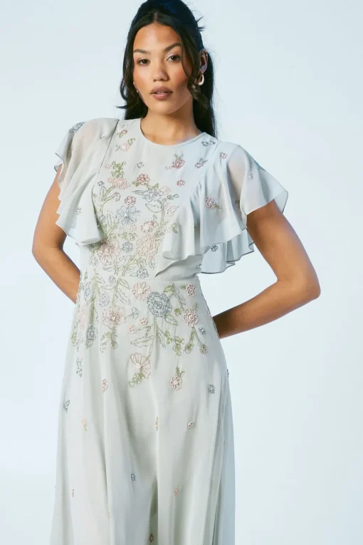 Flutter Sleeve Embellished Ditsy Floral Bridesmaids Dress
