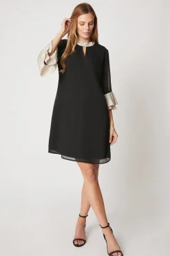 Foil Trim Ruffle Sleeve Shift Dress