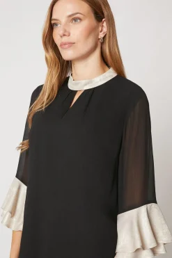 Foil Trim Ruffle Sleeve Shift Dress