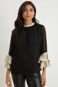 Foil Trim Ruffle Sleeve Top