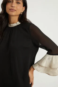 Foil Trim Ruffle Sleeve Top