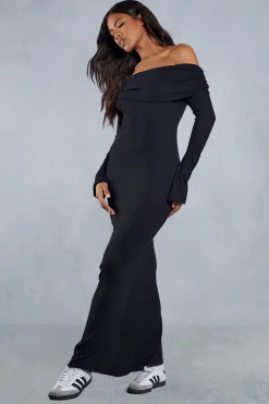 Fold Over Bardot Rib Maxi Dress